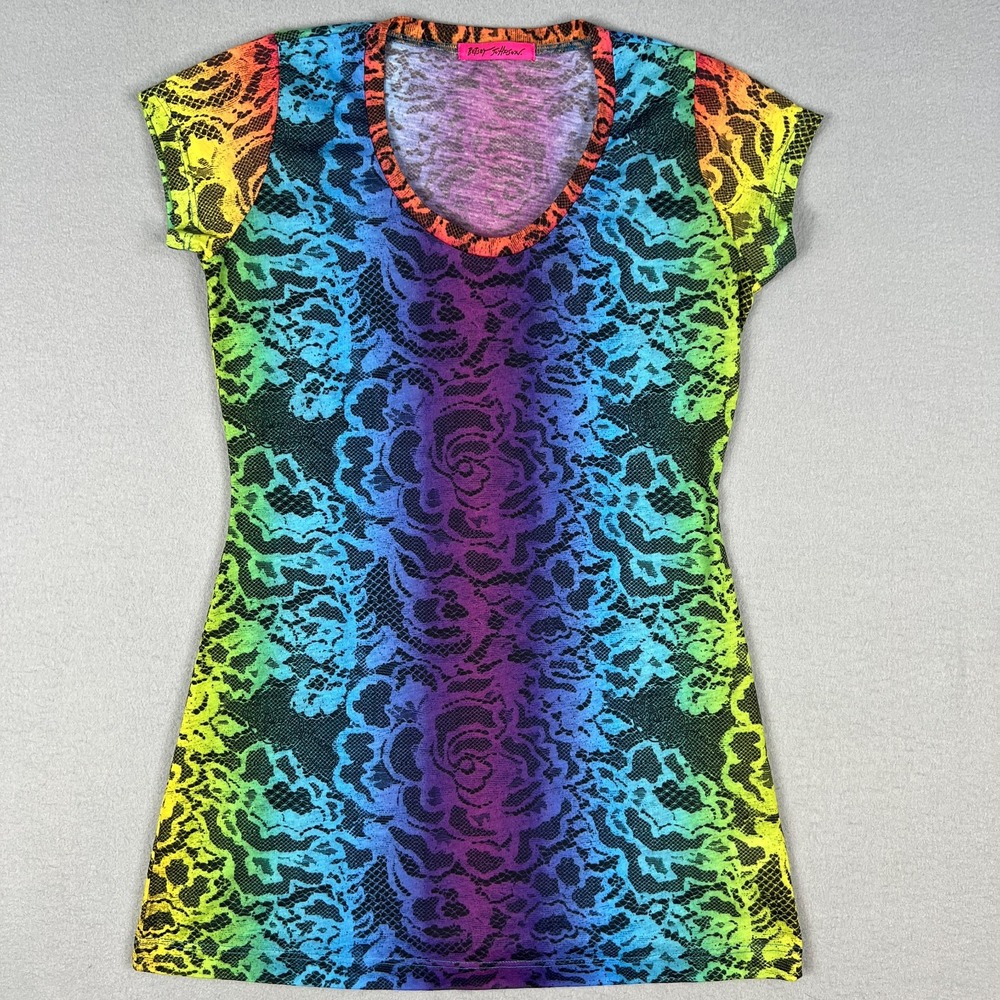 VTG Betsey Johnson Rainbow Lace Print Top Fits Small USA Y2K Club Kid Rave Shirt
